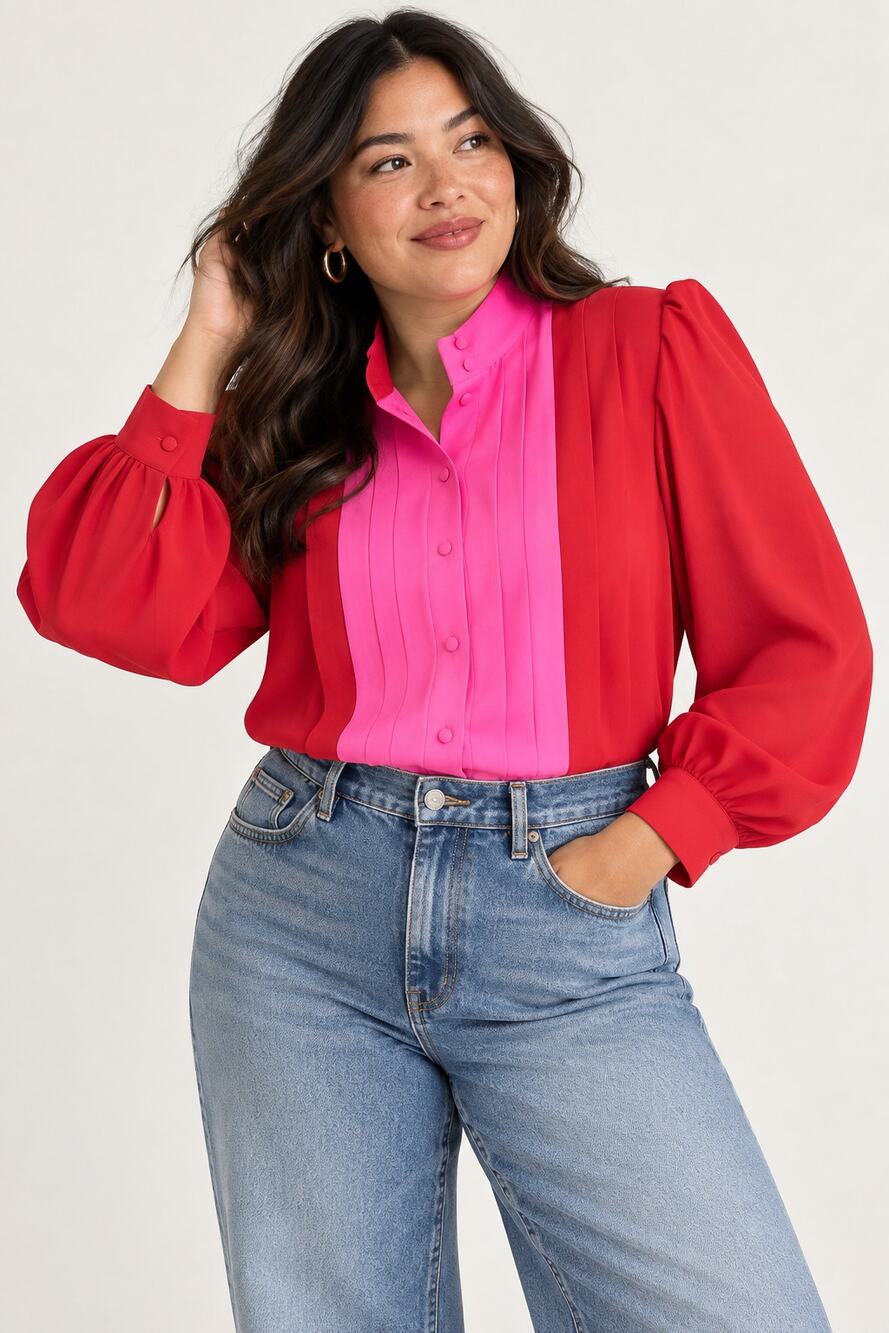 Tuckernuck x India Hicks Scarlet Hot Pink Grove Blouse Pleated Colorblock XL NWT